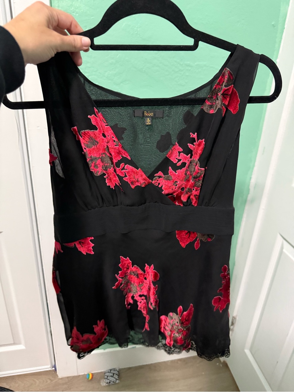 Vintage Y2K silk Reba Black halter top with Red Floral Embroidered Accents